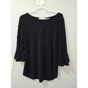 Green Envelope Black Elbow Length Sleeve Black Blouse with Keyhole Openings, M